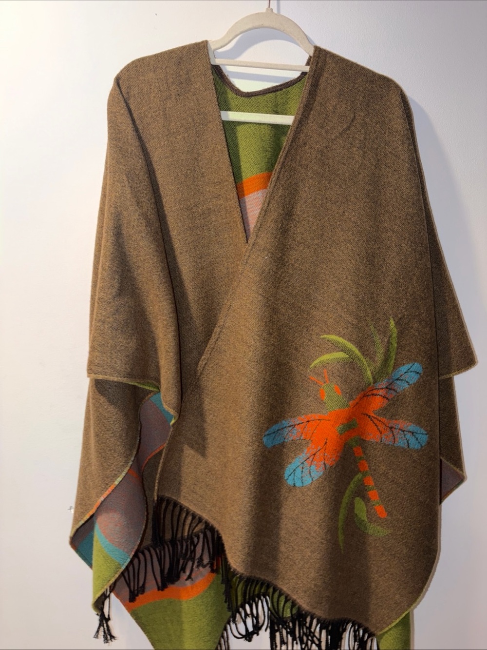 Vintage Made In france poncho Dragonfly  Fringe Fall Earthy Boho Granola Artsy